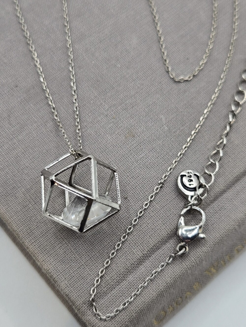 Silver CAGED FACETED CRYSTAL Diamond NECKLACE 33" Party Cocktail Sparkly